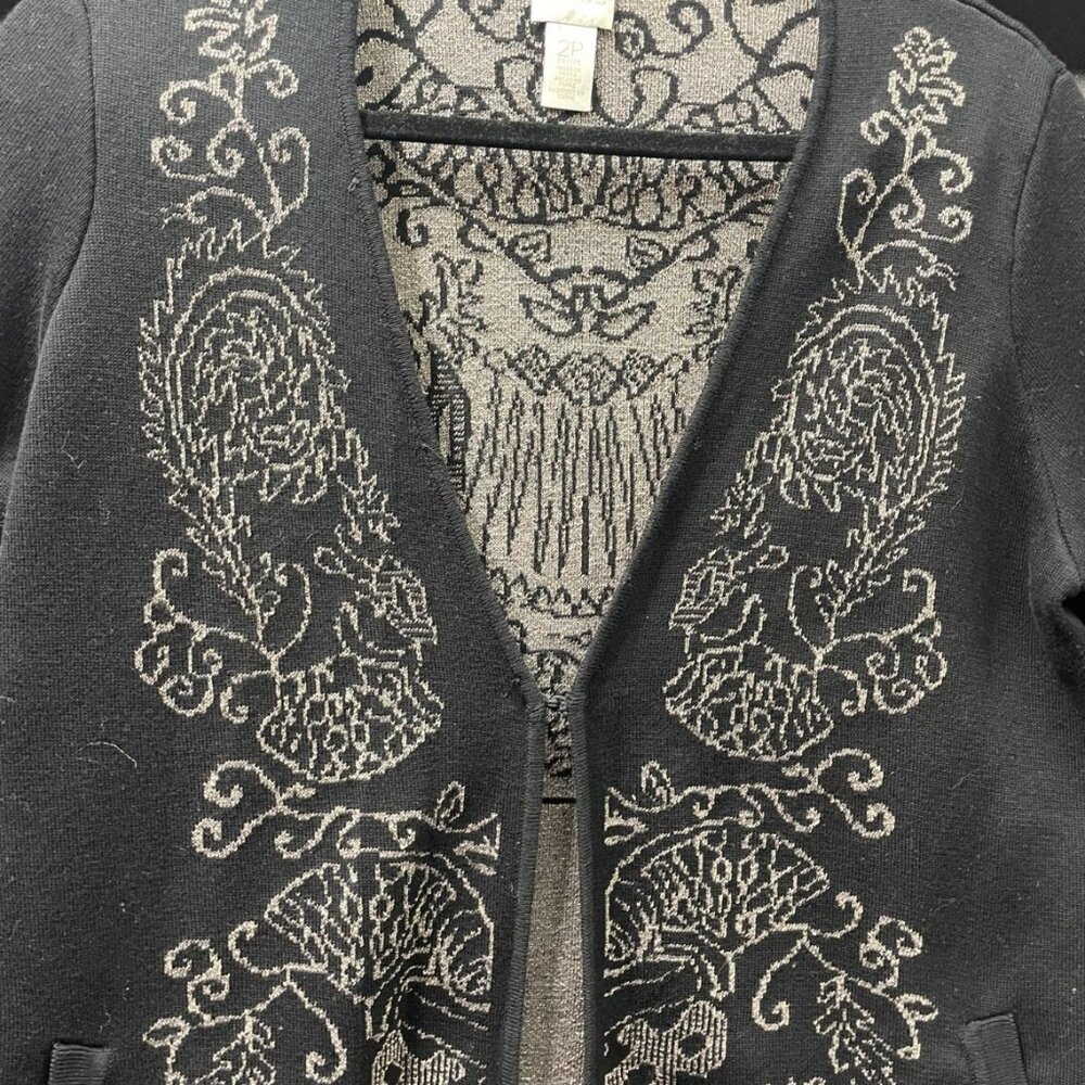 Chico's Size 2P Cardigan Open Sweater Long Beige Black Floral Shiny Woman - Picture 3 of 16